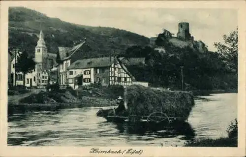 Ak Heimbach in der Eifel, Schwarzw Weißaufnahme, Fluss, Boote,  Gebäude, Ruine