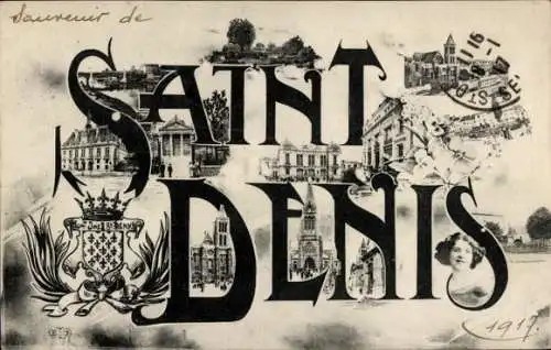 Ak Saint Denis Seine-Saint-Denis, Souvenir de   Gebäude, Porträt einer Frau, Datum 1917