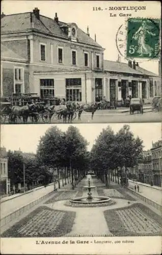 Ak Montluçon Allier, Bahnhof, Pferdewagen, Avenue de la Gare, Brunnen, Bäume