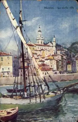 Ak Menton Alpes Maritimes, Hafenansicht, Segelschiff, Altstadt, Wasser, Hügel, Bauwerke
