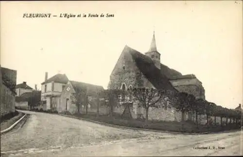 Ak Fleurigny Yonne, Eglise, Straße, Bäume, Architektur, schwarz-weiß,  