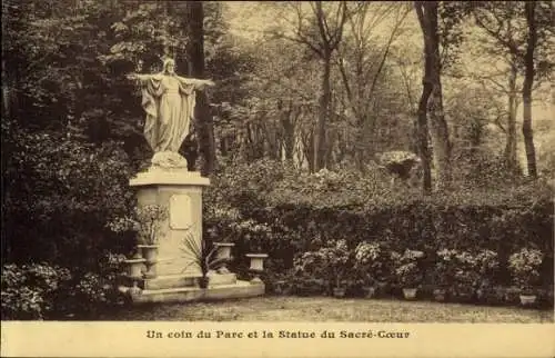 Ak Saint Mandé Val de Marne, Institut Sevigne, Coin du Parc, Statue du Sacre Coeur