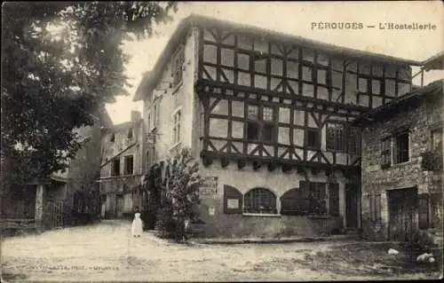 Ak Perouges Ain, Historisches Gebäude, Fachwerkhaus, l'Hostellerie, Straßenansicht