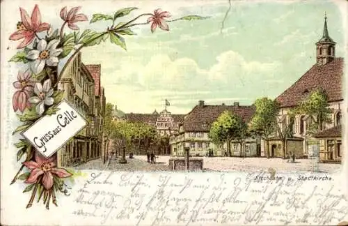 Ak Celle in Niedersachsen, Farbenfrohe Ansicht einer Stadt, Blumenmotiv links, Stadtkirche sichtb