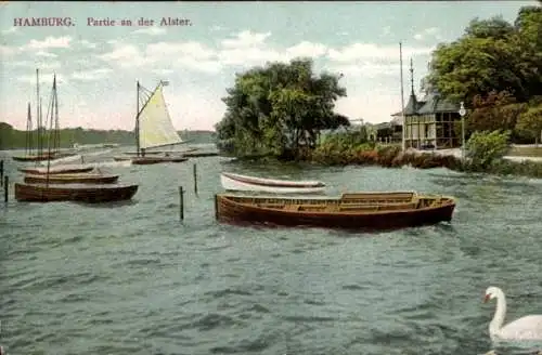 Ak Hamburg, an der Alster, Boote, Schwan