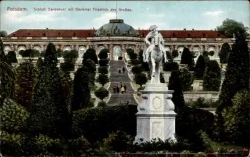 Ak Potsdam Sanssouci, Schloss Sanssouci, Denkmal Friedrich des Großen, Gärten, Statuen