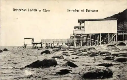Ak Lohme auf Rügen, Ostseebad Lohme, Herrenbad mit Badescene, Landschaf, Felsen, Wasser