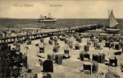 Ak Ostseebad Göhren auf Rügen, Strandleben, Strandkörbe, See, Schiff, Pier