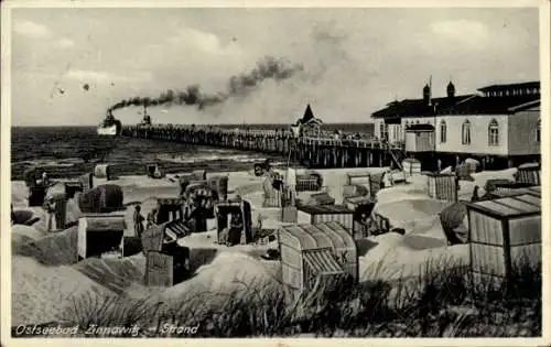 Ak Ostseebad Zinnowitz auf Usedom, Ostseebad Zinnowitz Strand, Dampfer, Strandkörbe, Kajüten