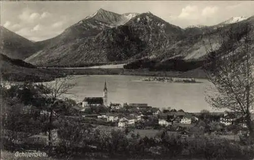 Ak Schliersee in Oberbayern, Bergpanorama, See, Kirche, Dorfansicht, Natur