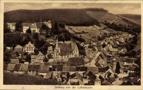 Ak Stolberg im Harz, Ansicht von  Lutherbuche, Häuser, Kirche, Landschaft