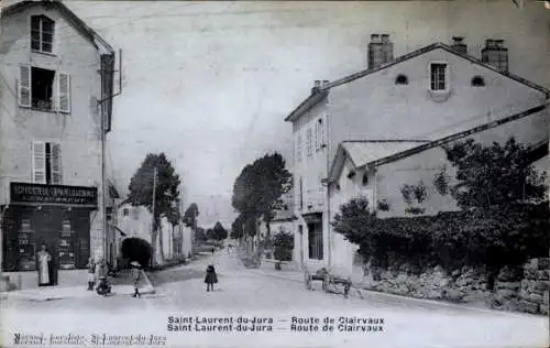 Ak Saint Laurent du Jura, Lebensmittelgeschäft und Straße nach Clairvaux