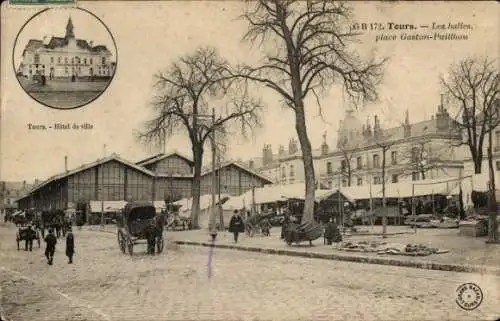 Ak Tours Indre et Loire, Markthallen, Place Gaston-Paillhou, Rathaus