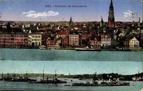 Ak Kiel, Panorama mit Rathausturm, Hafenszene,  Schiffe