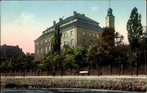 Ak Kiel, Königliches Schloss, Baumreihe, Wasserstraße, Abendhimmel