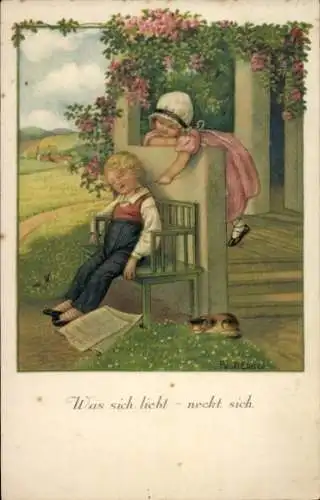 Künstler Ak Ebner, Pauli, Mädchen und schlafender Junge, Katze