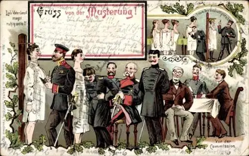 Ak Gruß von der Musterung, Vor der Kommission, Traum des Unteroffiziers, Frauen bei der Musterung