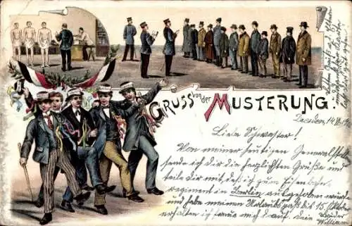Litho Musterung im Kaiserreich, Rekruten, Appell