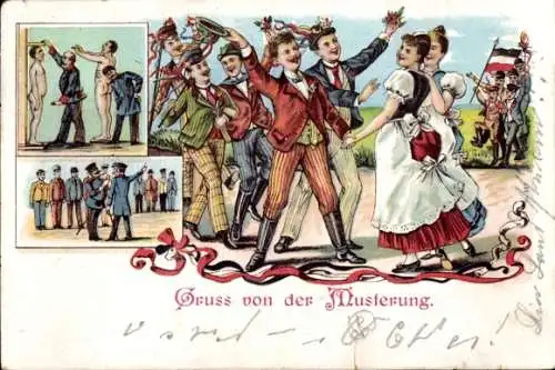 Litho Gruß von der Musterung, Feier, Frauen, Inspektion