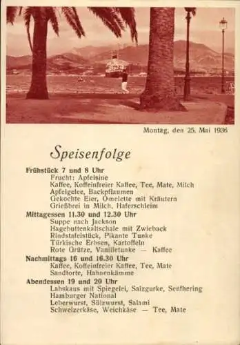 Ak HSDG Zweischrauben Motorschiff Monte Rosa, 25. Mai 1936, Speisenfolge