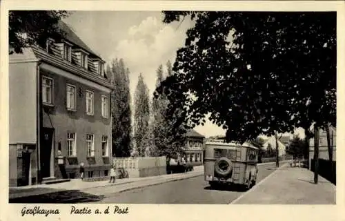 Ak Großkayna Braunsbedra Saalekreis, Haus, Straße, bus, Bäume, Wolken