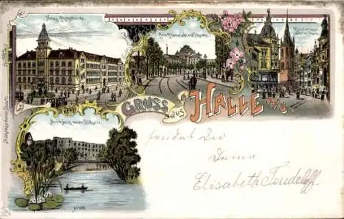 Litho Halle an der Saale, Neues Postgebäude, Moritzburg, Alte Promenade und Theater, Roter Turm