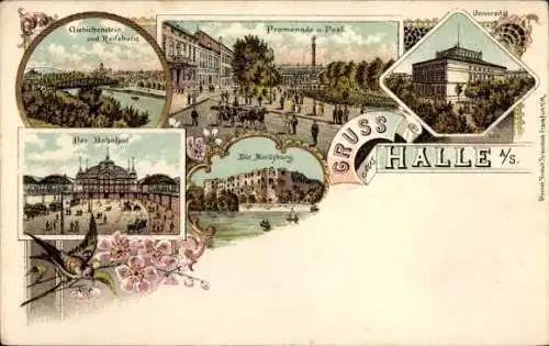 Litho Halle an der Saale, Promenade, Post, Bahnhof, Universität, Moritzburg