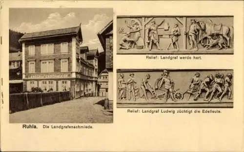 Ak Ruhla in Thüringen, Landgrafenschmiede, Reliefs von Landgraf inszeniert,  Darstellung