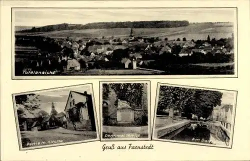 Ak Farnstedt Farnstädt im Saalekreis, Panorama, Kirche, Denkmal, Dorfteich