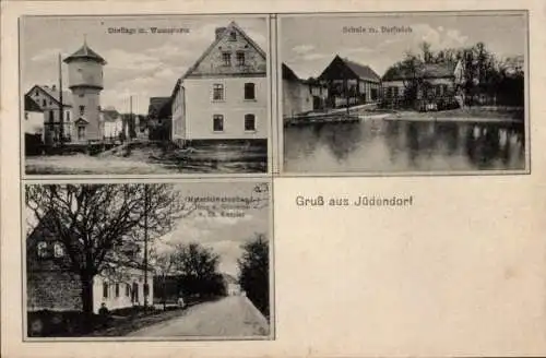 Ak Jüdendorf Steigra im Saalekreis, Dorfansicht mit Wasserturm, Schule, Materialwarenlager, Grüße