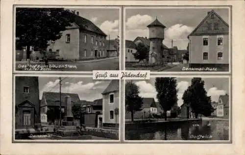 Ak Judenbach Föritztal in Thüringen, Gasthof zum blauen Stern, Denkmal Platz, Dorfteich, Grüß aus