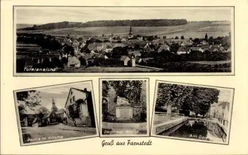 Ak Farnstedt Farnstädt im Saalekreis, Panorama, Kirche, Denkmal, Dorfteich