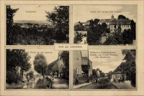 Ak Lodersleben Querfurt im Saalekreis, Teilansicht, Kirche und Schloss, Querstraße, Bäckerei, Dor