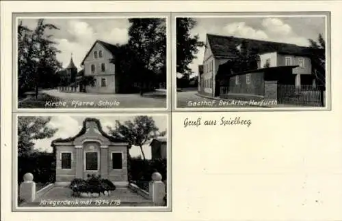Ak Spielberg Querfurt im Saalekreis, Kirche, Pfarre, Schule, Kriegerdenkmal, Gasthof