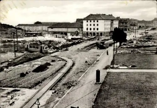Ak Nordhausen am Harz, Töpferstraße, Kornmarkt, Neubau mit Gleisprovisorium Weberstraße