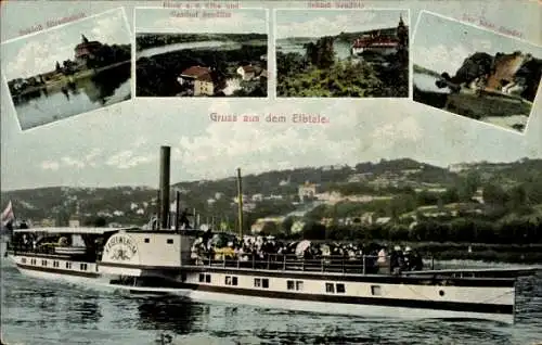 Ak Riesa an der Elbe Sachsen, Schloss Hirschstein, Gasthof Seußlitz, Dampfer Kaiser Wilhelm