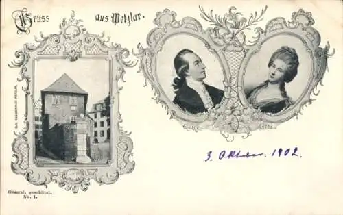Ak Wetzlar in Hessen, Lottehaus, Schriftsteller Johann Wolfgang von Goethe, Lotte, Portrait