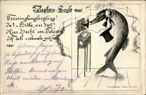 Ak Teterow in Mecklenburg, Telefon, Fisch beim Telefonieren