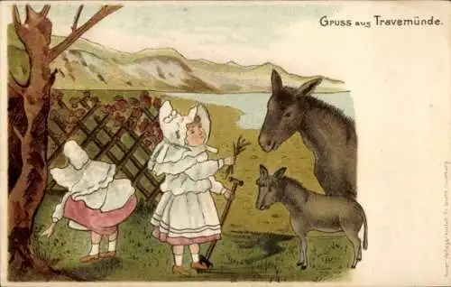 Künstler Litho Travemünde Lübeck, Mädchen füttern die Esel