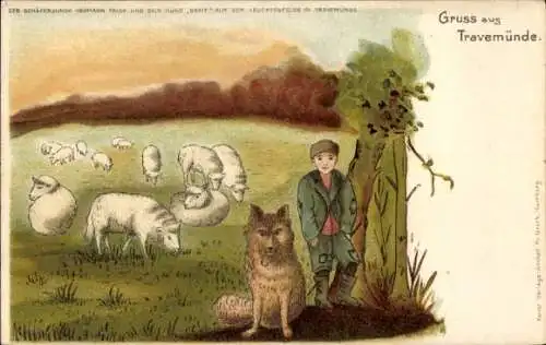Litho Ostseebad Travemünde Lübeck, Schäferjunge Hermann Falck und Hund Greif, Leuchtenfeld