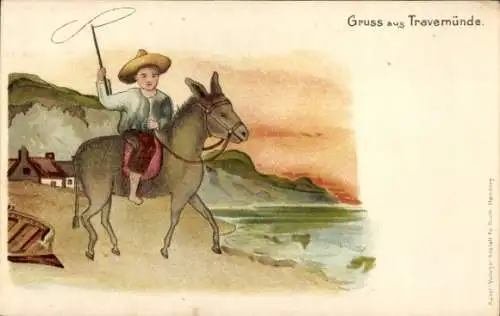 Künstler Litho Travemünde Lübeck, Junge reitet auf dem Esel am Strand