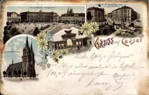 Litho Kassel in Hessen, Löwenbrunnen, Autor, Postgebäude, St. Martinskirche