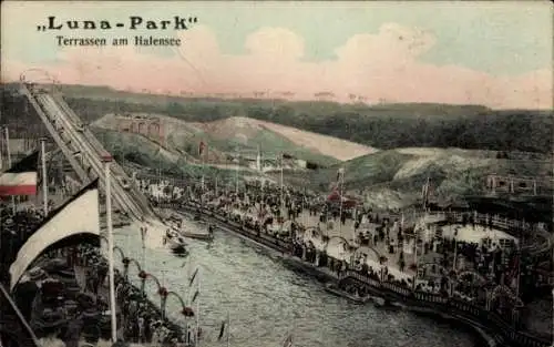 Ak Berlin Wilmersdorf Halensee, Luna-Park, Terrassen, zahlreiche Besucher, Wasserbahn, Fahrgeschä