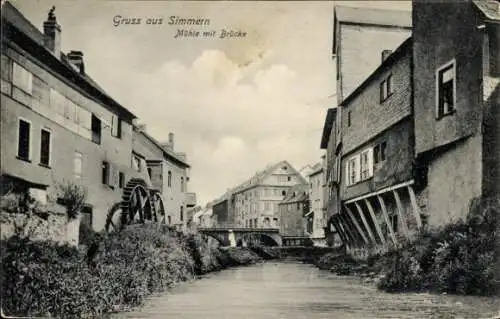 Ak Simmern im Hunsrück, Gruss aus  Mühle mit Brücke, idyllische Flusslandschaft