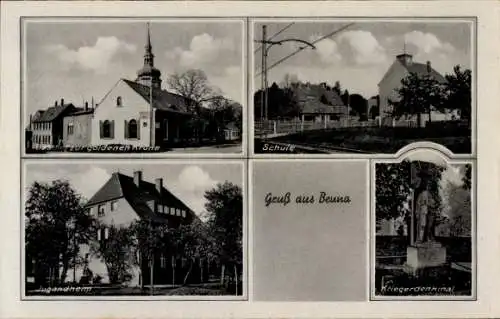 Ak Nieder Beuna Merseburg an der Saale, Verschiedene Gebäude: Zur goldenen Krone, Schule, Jugendh