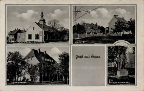 Ak Nieder Beuna Merseburg an der Saale,  Kriegerdenkmal, Schule, Jugendheim,  Gruß aus Beuna