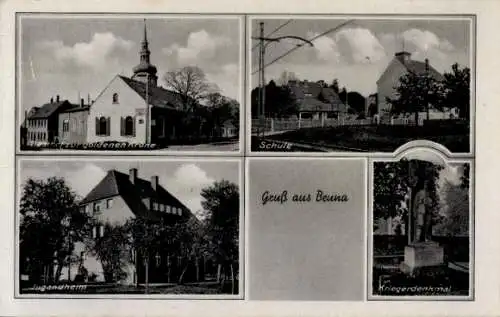 Ak Nieder Beuna Merseburg an der Saale, Vorderseite zeigt vier Gebäude, darunter Schule und Krieg