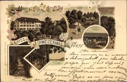 Litho Schweizerhall Schweizerhalle Kanton Basel Land, Solbad, Veranda, Park, Promenade am Rhein