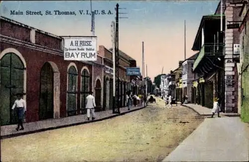 Ak Saint Thomas Virgin Islands Amerikanische Jungferninseln, Main Street, Bay Rum