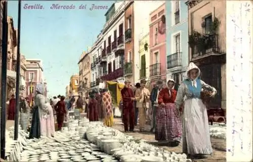 Ak Sevilla Andalusien,  Mercado del Jueves, Markt mit Menschen, Töpferwaren,  Szene